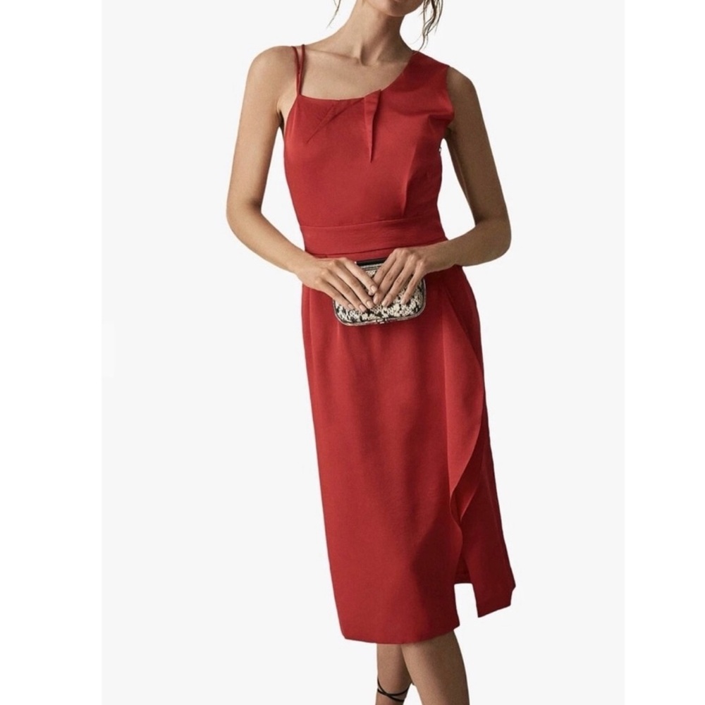 NWT REISS | Sara Ruffle Detail‎ Red Satin Pleated Midi Cocktail Dress Sz. 0 - Picture 2 of 8